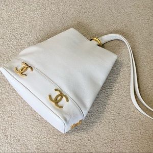 Chanel white caviar leather triple coco bucket bag